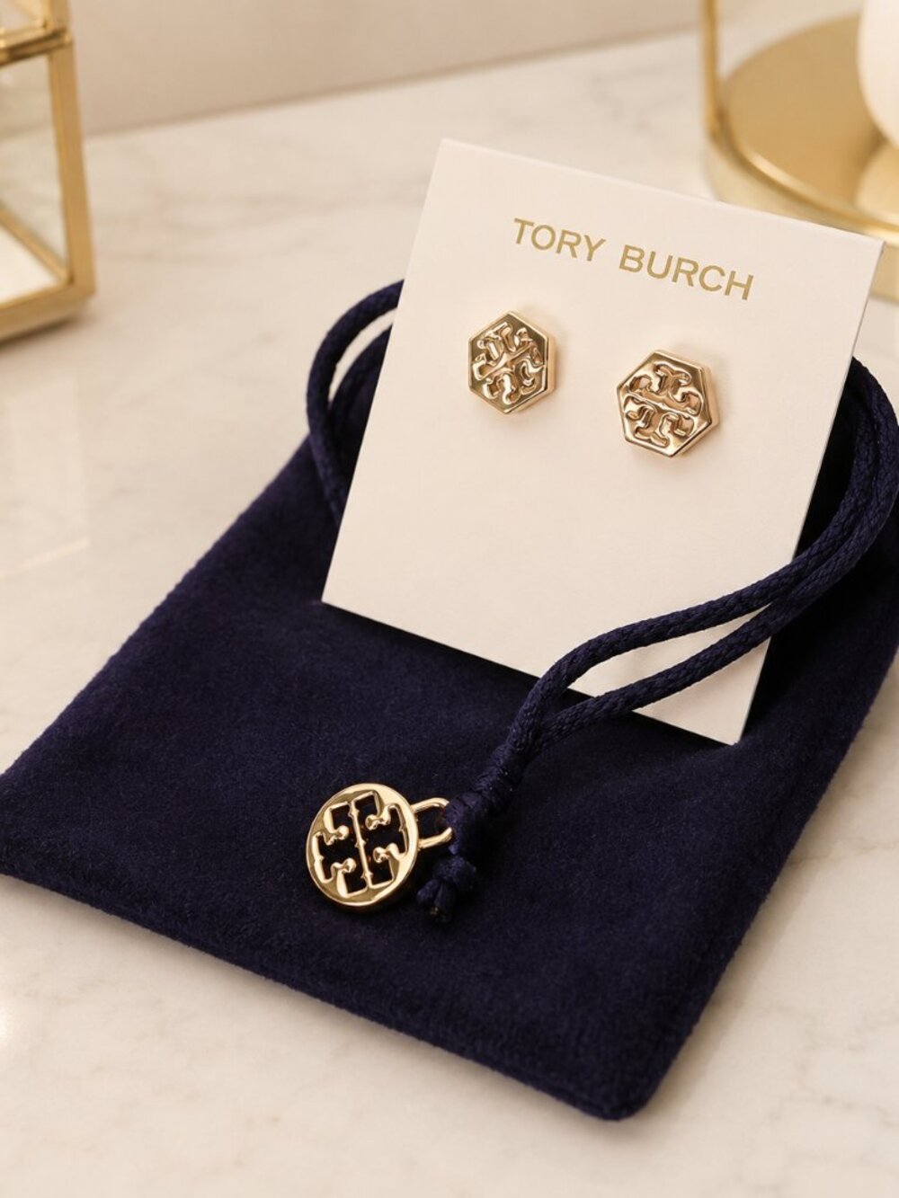 Tory Burch Gold Tone Hexagon Double T Logo Stud Earrings NWT